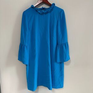 J. Crew Size 12 Ruffle Neck Crepe Shift Dress 3/4 Sleeve Blue Cocktail Party